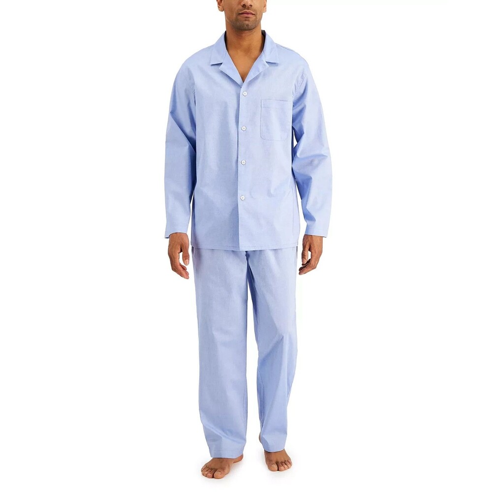 CLUB ROOM Pajama Set Mens Small Blue Oxford Button Up Pocket 100% Cotton Sleep